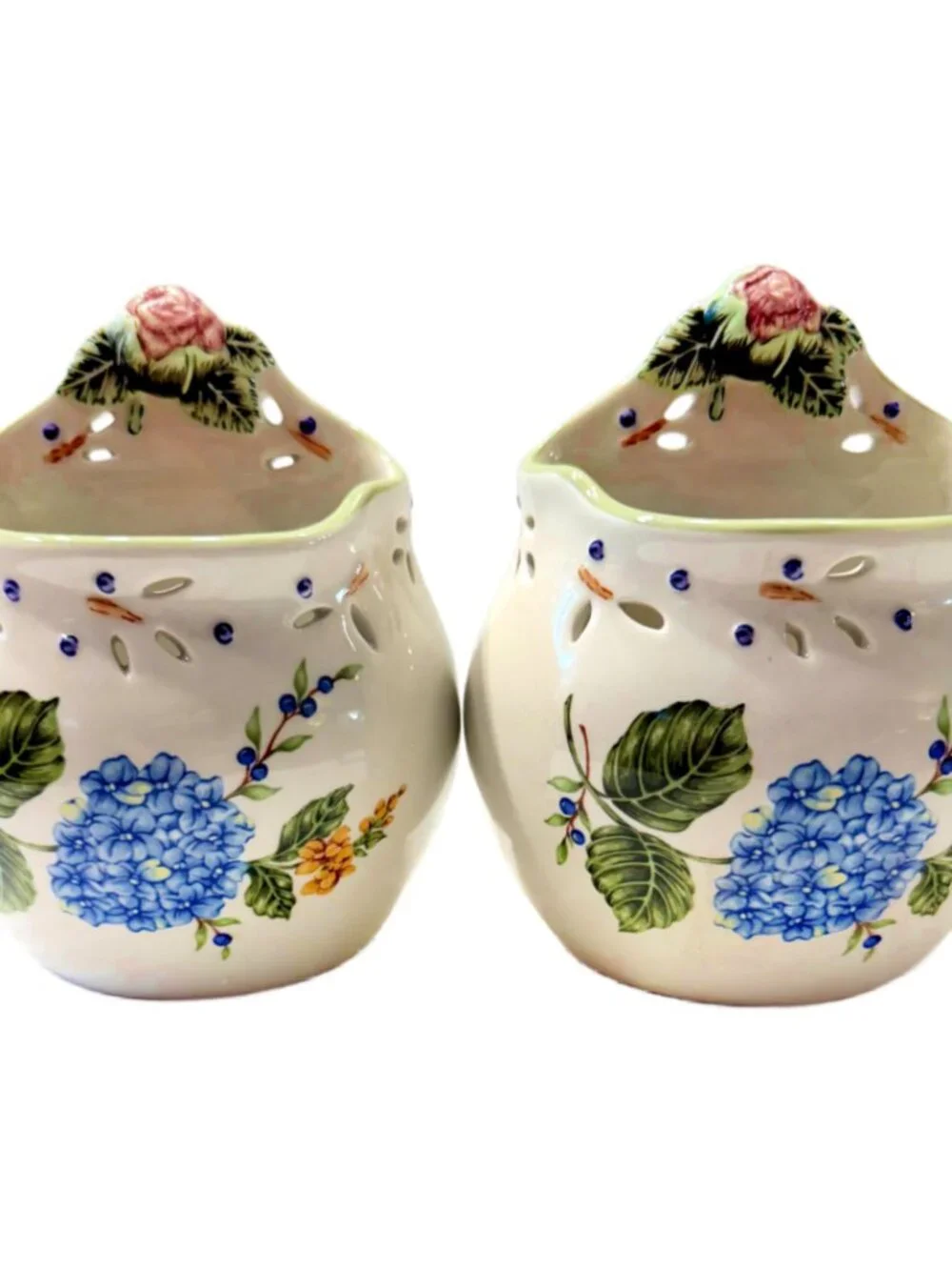 Princess House Vintage Garden Ceramic Wall Pocket Vase Hydrangea Floral Set of 2